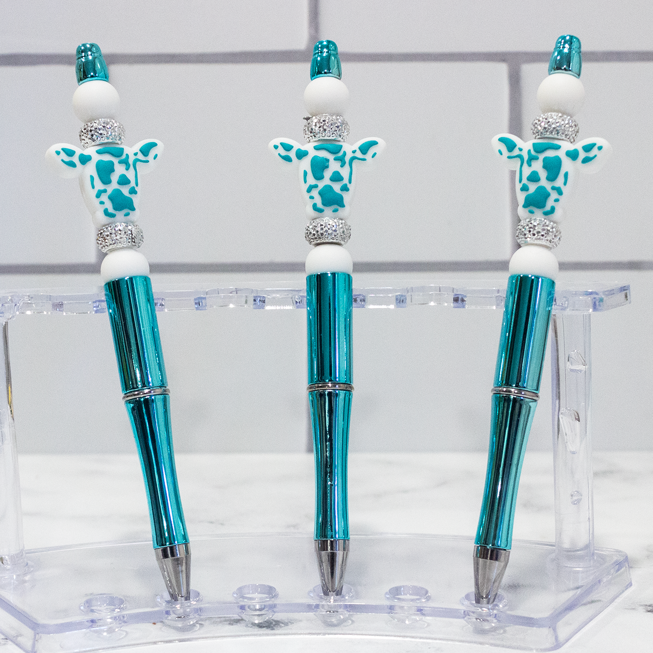 Silicone Speckled Cow, Aqua Shiny Beaded Pen