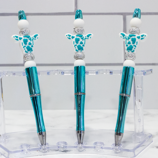 Silicone Speckled Cow, Aqua Shiny Beaded Pen