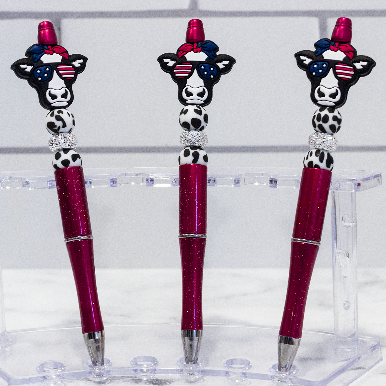 Silicone Patriotic Cow w/ Cow Print, Red Beaded Pen