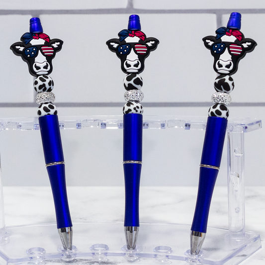 Silicone Patriotic Cow w/ Cow Print, Blue Beaded Pen