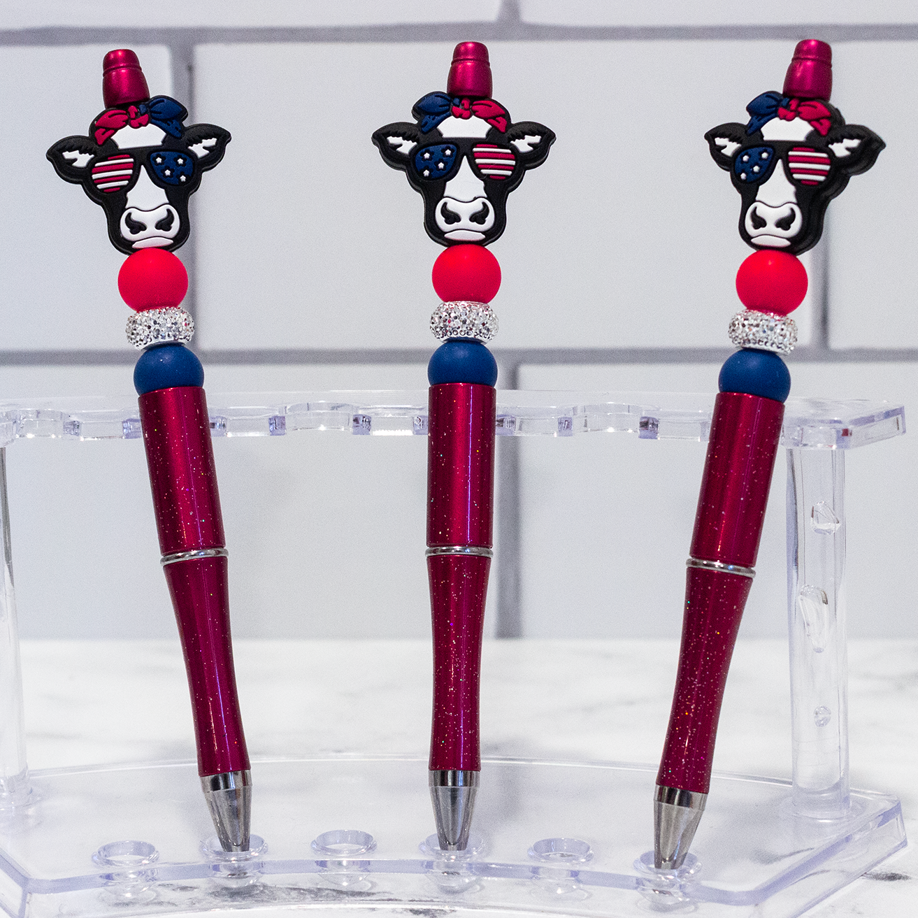 Silicone Patriotic Cow, Red Beaded Pen