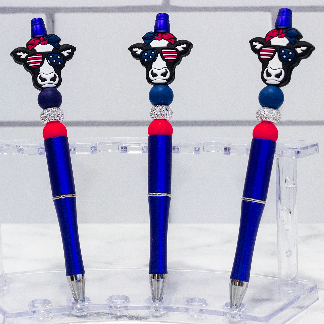 Silicone Patriotic Cow, Blue Beaded Pen