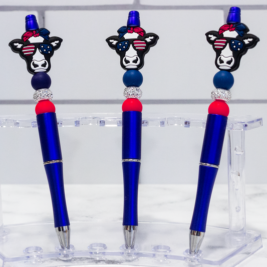 Silicone Patriotic Cow, Blue Beaded Pen