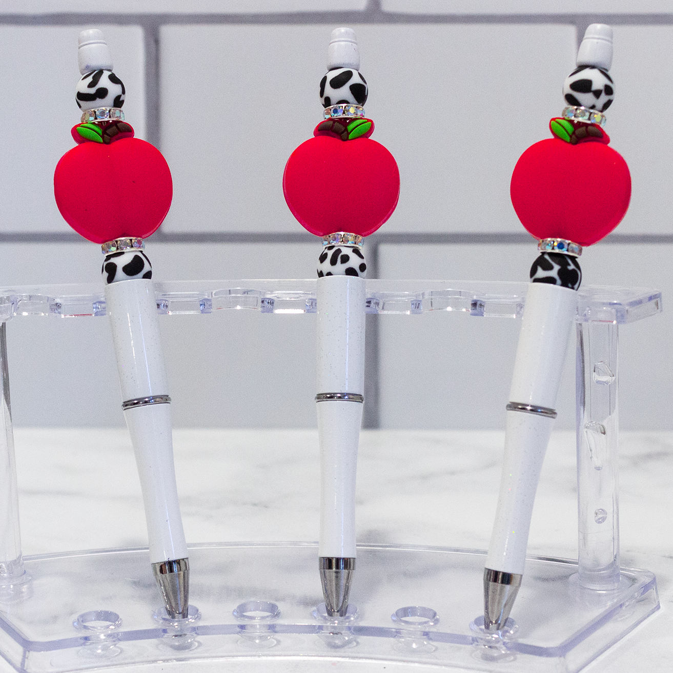 Silicone Apple w/ Cow Print Beaded Pen