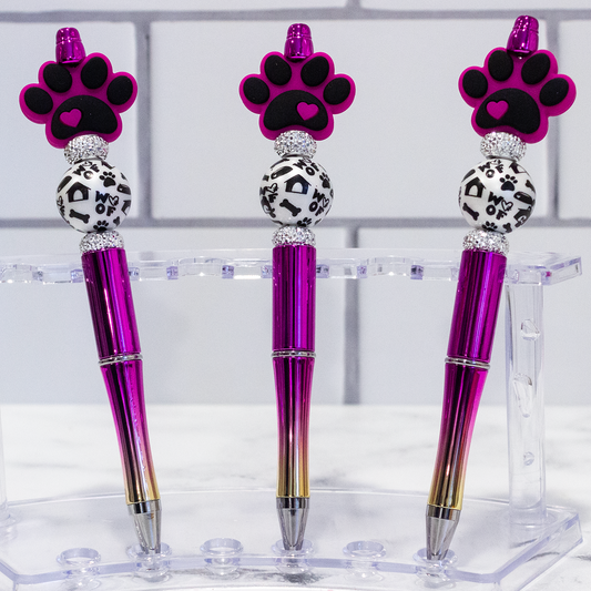 Silicone Paw Print, Pink/Purple Ombre Beaded Pen