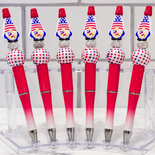 Silicone Patriotic Gnome, Red Ombre Beaded Pen