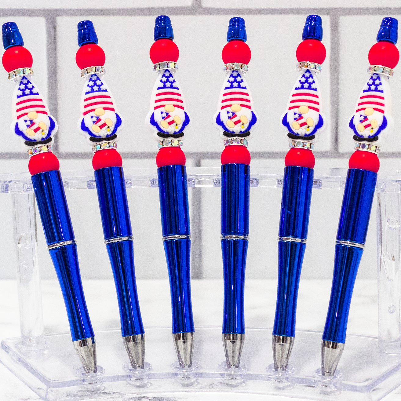 Silicone Patriotic Gnome, Blue Shiny Beaded Pen