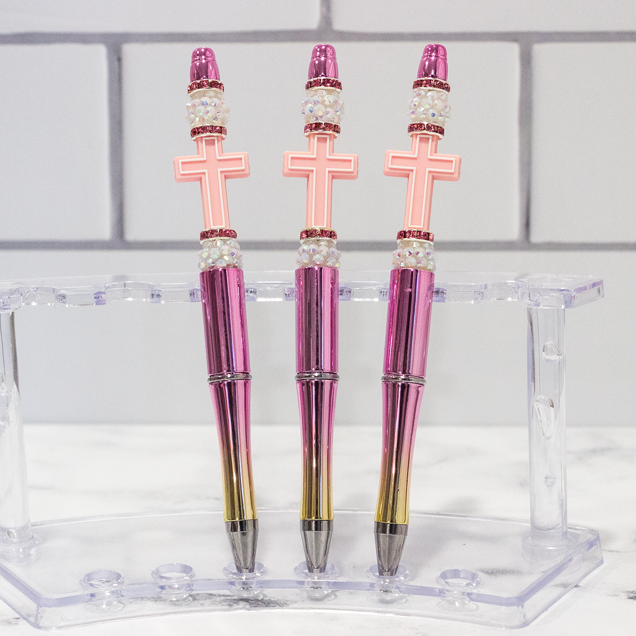 Silicone Cross, Pink Ombre Beaded Pen