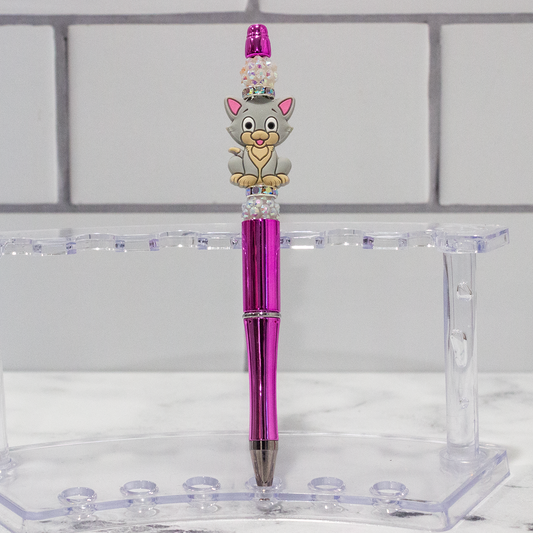 Silicone Cat, Gray/Pink Shiny Beaded Pen