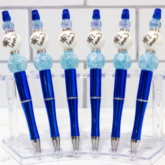 Mom Heart, Blue Shiny Beaded Pen