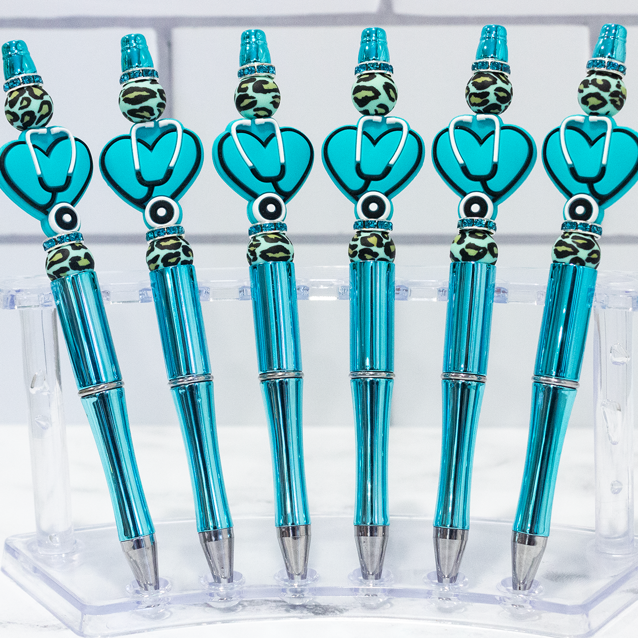 Silicone Stethoscope Leopard, Aqua Shiny Beaded Pen