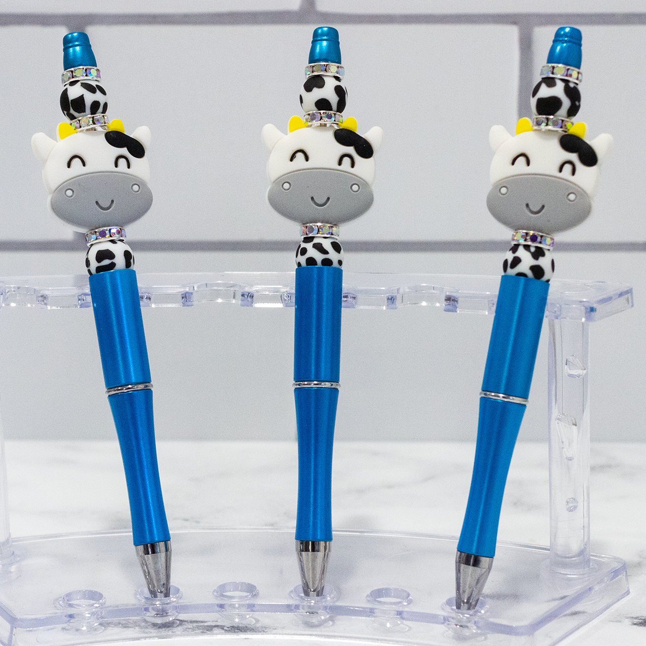 Silicone Gray Cow Blue Beaded Pen