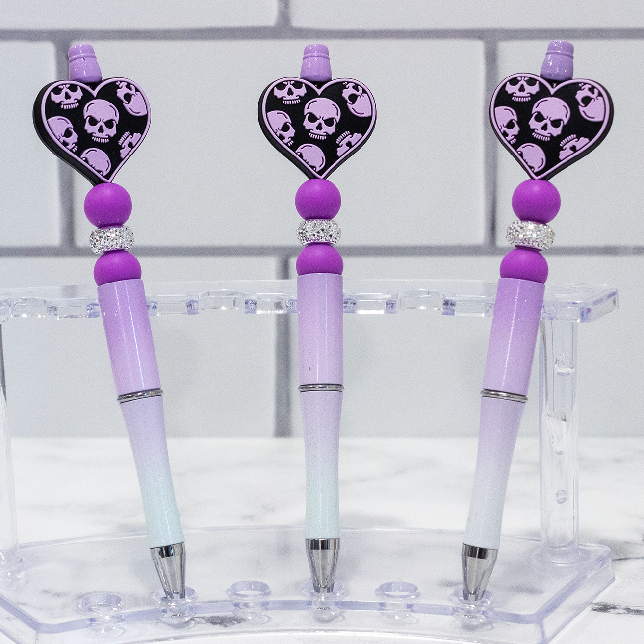 Silicone Heart with Skulls Purple Ombre Beaded Pen