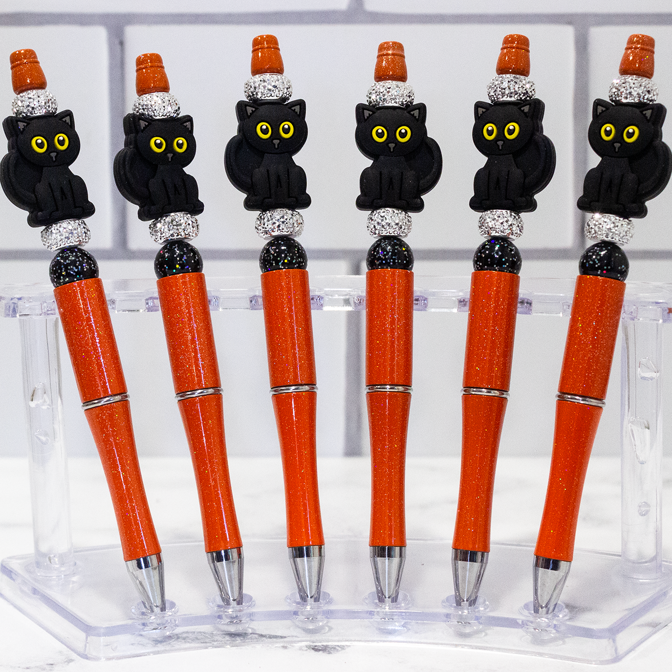 Silicone Black Cat, Orange Beaded Pen